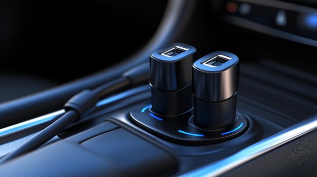 Close-up view of dual USB ports in a modern car interior with illuminated edges