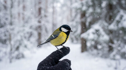 Fototapeta premium Great Tit Bird Perched on Hand in Snowy Winter Forest Landscape