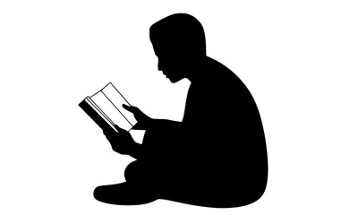 Black Silhouette of a Person Sitting and Reading a Book, Minimalist Student or Reader Icon Isolated on White Background for Education and Library Concepts
