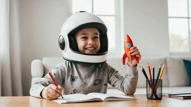 Happy boy in astronaut helmet writing and playing with toy rocket