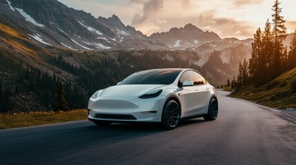 Fototapeta premium A sleek white car parked on a winding road surrounded by majestic mountains and sunset