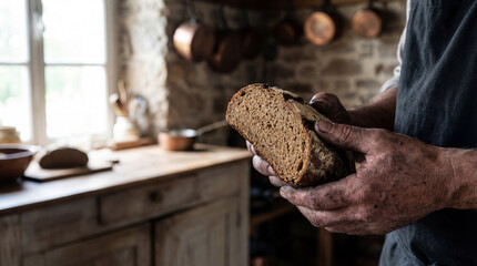 Obraz premium Hands Holding Bread Piece in Rustic Kitchen with Copper Pots