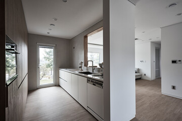 Obraz premium Modern interior architecture with clean lines, natural light, and contemporary design in a modern building, no people.