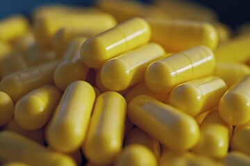 Many yellow capsules are creating a large pile, representing pharmaceutical industry and medicine concepts