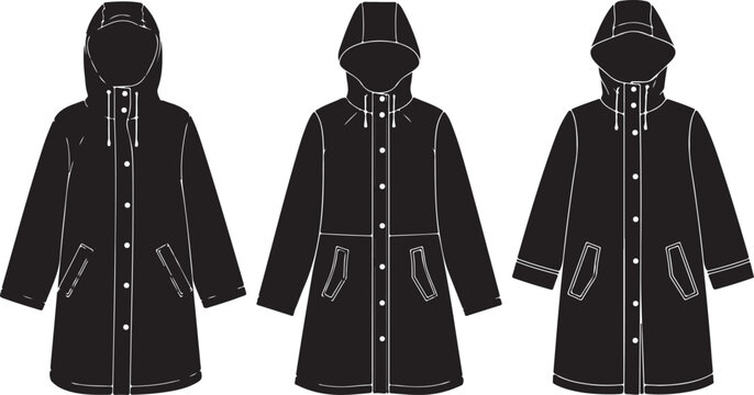 Black Hooded Parka Coat Illustrations in Minimalist Style