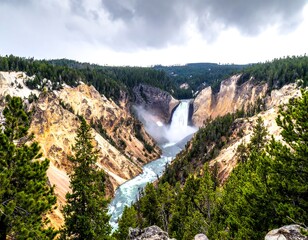 Grand canyon view, powerful waterfall rushes between steep cliffs and green pine forest, cloudy sky overhead