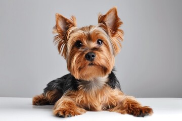 Fototapeta premium Adorable yorkshire terrier puppy resting on a white surface against a simple grey backdrop