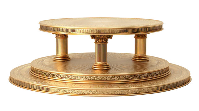 Luxury golden round podium with classical columns isolated on transparent background, ornate decorative pedestal platform, high resolution elegant display stand
