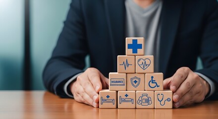 Naklejka premium Businessman building a tower with wooden blocks featuring medical and healthcare symbols