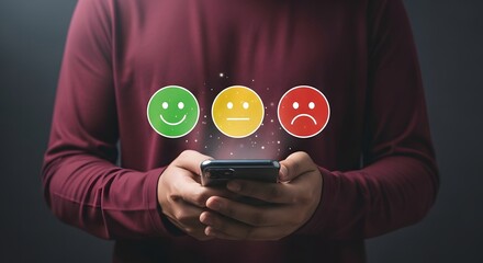 A person holding a smartphone with emotional feedback icons