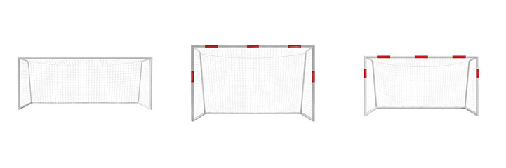 Set Of Professional Soccer Goal Posts Isolated On White Background, Standard Football Net Equipment Collection For Tournament Match And Training, PNG Assets © Ibrar