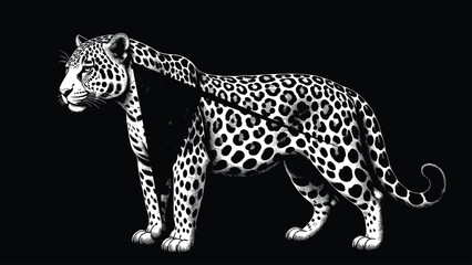 Hand drawn engraved style illustration of a wild leopard jaguar predator standing in profile view isolated on black background for vintage retro nature design © MDRAZIURRAHMAN