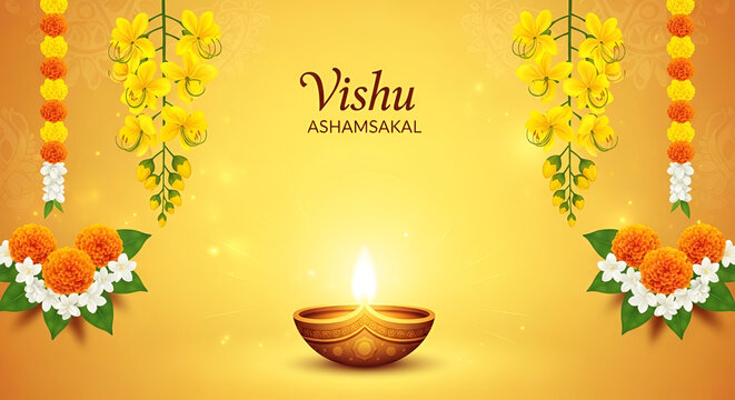 Traditional kerala vishu festival greeting background with kanikonna flowers marigold decoration sacred diya lamp and vishu asham sakal celebration design