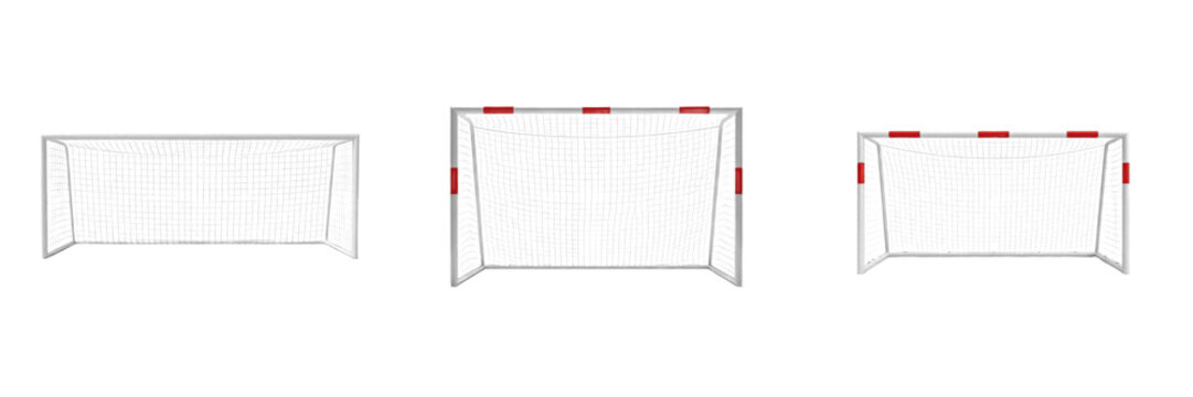 Set Of Professional Soccer Goal Posts Isolated On White Background, Standard Football Net Equipment Collection For Tournament Match And Training, PNG Assets