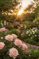 sunset in a garden of beautiful roses, a path walk