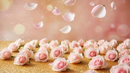 A dreamy, soft image of multiple rose heads and petals on a golden, glittery background