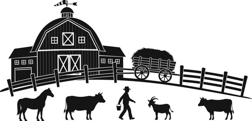 Rustic farm silhouette vector, countryside barn with livestock, cattle horse goat farmer graphic, rural landscape agriculture illustration, harvest hay wagon design. © Delowara