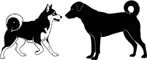 Black silhouettes of two dogs, a husky and a large breed, facing each other, isolated on white background, pet vector illustration. © Delowara