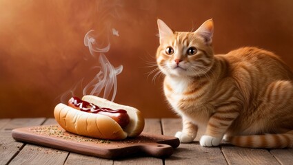 A cat relaxes near a hot dog with a sausage in a bun.