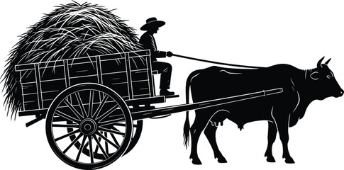 Fototapeta premium Black and white vector silhouette of a farmer driving an ox drawn wooden cart filled with hay for traditional agriculture and rural farming concepts