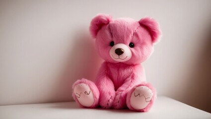 a pink teddy bear is sitting on the table