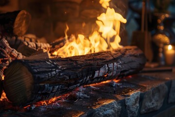 Naklejka premium Large log burning in fireplace, providing warmth and cozy atmosphere