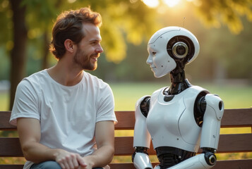 Man interacting with AI woman-like robot on bench in sunlit park, concept of relationship and love in future