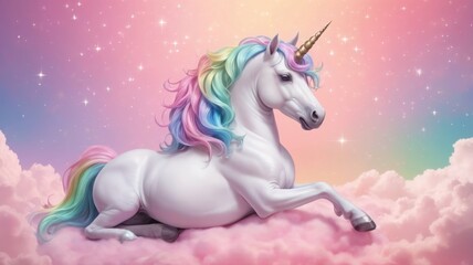 Illustration of a unicorn on pink clouds