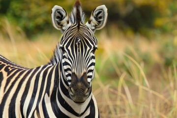Fototapeta premium Zebra head and shoulders looking forward in natural habitat