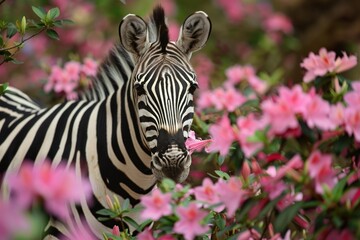 Fototapeta premium Zebra smelling a delicate pink azalea flower, blending with nature in a striking portrait