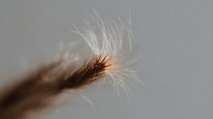 Fototapeta premium Detailed ro photograph of a fluffy plant seed tip showing delicate fibers illuminated by warm light on a neutral background