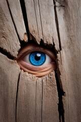 A blue eye looks through a hole in a wooden fence, the idea of ​​peeping