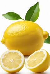 one whole lemon and two halved ones with green leaves on a white background