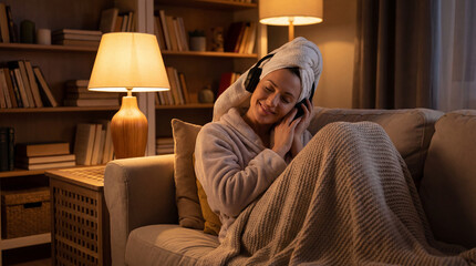Obraz premium Woman Relaxing at Night on Couch with Headphones and Blanket