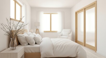 Fototapeta premium Serene bedroom oasis with white furniture and natural light