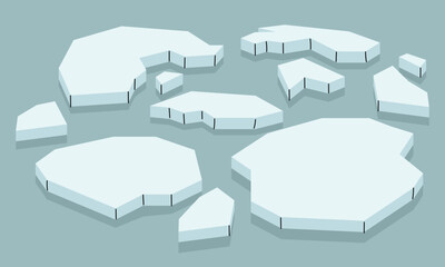 Set of white ice floes floating in cold blue ocean water. Ice floes with shadows on blue. Flat illustration for arctic nature posters, global warming awareness banners, climate change graphics © Svetlana