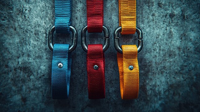 Colorful straps with metal rings on dark background