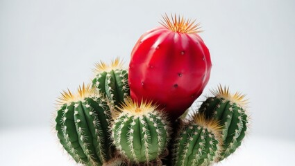 Four green cacti and one red one in a flowerpot on a white background