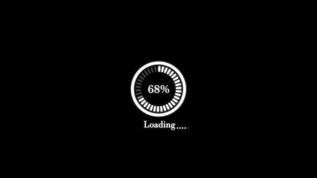 Circular loading bar animation on black background. Numerical counting from 0 to 100 percent circle loading bar. Load game data, buffering process, application interface.