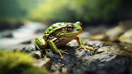 green frog on a rock