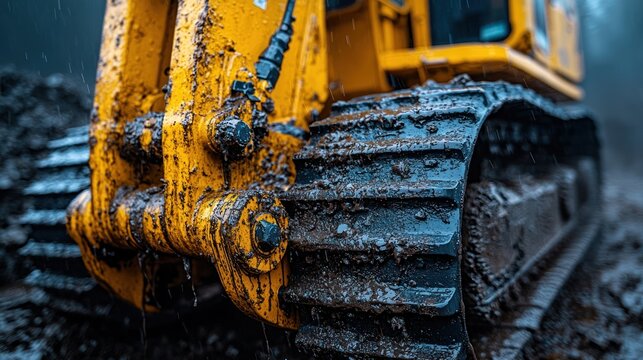 Closeup view of construction excavator track with mud