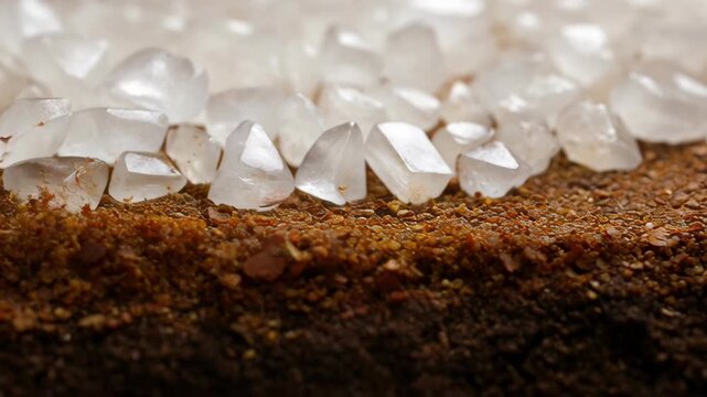 Close Up Of Clear Crystal Formations Growing On Dark Earth Surface With Scattered Brown Soil Particles Macro Photography