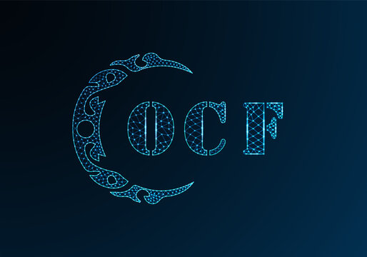 Low poly letter logo OCF design. OCF letter logo low poly vector design on blue color gradient background. OCF logo low poly design