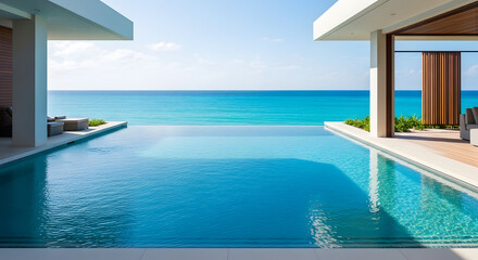 Fototapeta premium Stunning Infinity Pool at a Modern Beachfront Villa with Crystal Clear Blue Water and Ocean Backdrop