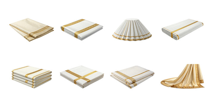Various arrangements and folds of traditional Indian dhoti fabric featuring elegant cream and gold zari borders displayed isolated.