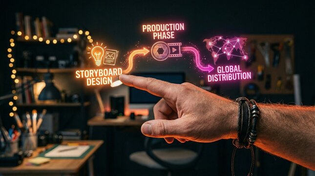 Creative professional navigating video production process with interactive technology