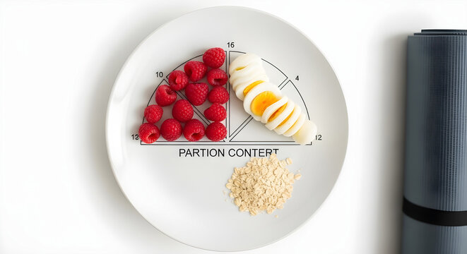Healthy meal portion control with fresh raspberries and banana on white plate