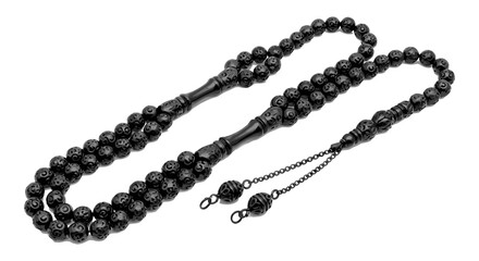 Obraz premium Elegant black beaded rosary with a small metal cross pendant and keychain attachment Vector, illustration