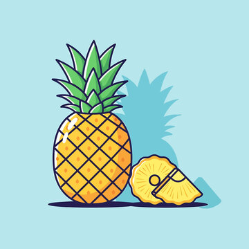 Pineapple and slice with green leaves on light blue background