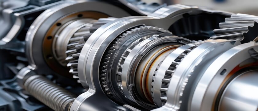 Close-up of car engine parts showing gears and mechanical structure in an automotive service setting with a blurred background of tools and equipment